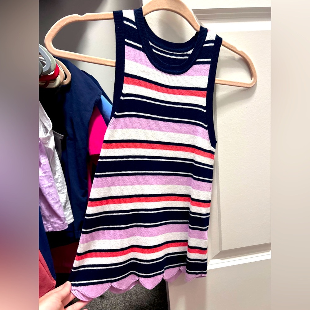 Striped Scallop-Hem Tank Top, Navy Pink White